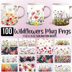 coffee mugs with wildflowers and flowers painted on them, all in different colors