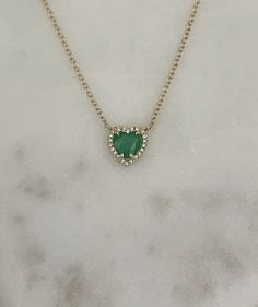 14K Solid Yellow Gold 0.55 Carat Emerald 0.04 Carat Diamond (VS-SI G-H) Heart is 7MM Adjustable Length 16, 17, 18 inches Diamond Huggie Earrings, Gold Initial, Minimalist Necklace, Chain Ring, Huggies Earrings, Solid Yellow, Halo Diamond, Spring Rings, Chain Styles