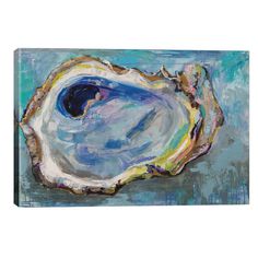 an abstract painting of a blue and white shell on a turquoise background with gold accents