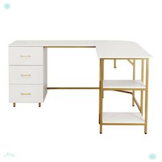 a white desk with gold trim and drawers