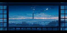 an open window looking out onto the city skyline at night with stars and crescents in the sky