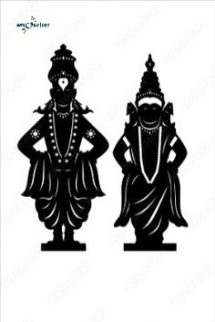 two black and white silhouettes of hindu deities, one in the middle with his hands on