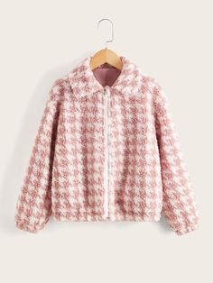 Rosa Pó Casual Collar Manga Comprida Pele de carneiro Pied de poule Pelúcia Embellished Não elástico Outono / Inverno Roupa Meninas Winter Styles, Teddy Jacket, Winter Girls, Houndstooth Pattern, Girls Jacket, Girls Clothing, Dusty Pink, Winter Fashion, Girl Outfits