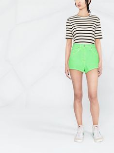 MSGM high-waist Denim Shorts - Farfetch A Line Shorts, Painted Denim, High Waisted Shorts Denim, High Rise Shorts, Cotton Logo, High Waisted Denim, Green Cotton, Waist Belt, Lime Green