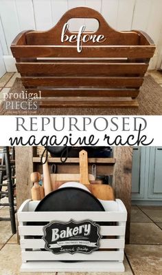 the before and after pictures of repurposed magazine rack with wooden handles, in front of a kitchen counter