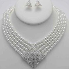 5 Line White Pearl Necklace Set With Rhinestone Square Pendant Formal White Rhinestone Necklace With Jewels, White Rhinestone Jeweled Necklace For Formal Occasions, Formal White Pearl Necklace With Rhinestones, White Pearl Necklace With Rhinestones For Formal Occasions, Elegant White Necklace With Bling, Elegant White Rhinestone Necklace With Jewels, Formal Pearl White Jewelry With Rhinestones, Formal White Bling Jewelry, Formal White Pearl Rhinestone Necklace