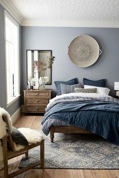 a bedroom with blue walls and wooden floors