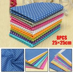 six pieces of polka dot fabric in various colors and sizes, including blue, pink, yellow