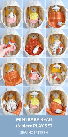 The sewing pattern is easy to follow and beginner friendly, with lots of doll making tips and tricks. Clear instructions will guide you through the sewing process from beginning to end. The play set consists of 13 pieces including the bear softie, hooded sleeping basket (carrycot) with bedding and baby mobile, and a bunch of baby accessories: a bib, bottle, rattle, overalls, etc. You will enjoy the sewing process and your little one will love their new mini friend. It's so much fun to feed the bear, put it to bed, or take it for a walk. Fabric Doll Pattern, Handmade Stuffed Animals