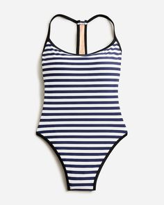 Racerback scoopneck one-piece swimsuit in stripe New Pant, Short Socks, Navy Pants, Tie And Pocket Square, Contrast Trim, Swimwear Tops, Womens Swimwear, Short Outfits, One Piece Swimsuit