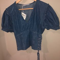 New With Tags! Denim Puffer Sleeve Crop Top! Super Cute And In Perfect Condition! Trendy Tops With Frayed Hem For Day Out, Chic Tops With Frayed Hem, Fall Denim Short Sleeve Top For Day Out, Fall Denim Top With Short Sleeves For Day Out, Fall Short Sleeve Denim Top For Day Out, Trendy Fitted Short Sleeve Denim Top, Dark Wash Casual Summer Tops, Casual Dark Wash Summer Tops, Casual Dark Wash Tops For Summer