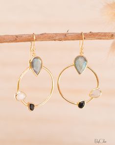 D E T A I L S — M E T A L: Gold Plated 18k The Earwires are GOLD VERMEIL (gold plated over sterling silver). It works well for people allergic to brass. ✦ Gold Plated: Gold plated jewelry has a layer of gold covering a base metal. — S T O N E S: Labradorite, Black Onyx & Moonstone. ✦ The natural gemstone can vary in color, shape or size. — •✧•✧•✧•✧•✧•✧•✧•✧•✧•✧•✧•✧•✧•✧•✧•✧— »» $ BU Y • M O R E • S A V E • M O R E $ «« ✦ Special 10% OFF when you order 2 items!! Apply Coupon Code: SAVEMORE2 ✦Sp Gold Hoop Jewelry With Gemstone Accents, 14k Gold-filled Yellow Gold Earrings With Natural Stones, Gold Multi-stone Dangle Jewelry, Gold Earrings With Gemstone Accents, 14k Gold Filled Yellow Gold Earrings With Natural Stones, 14k Yellow Gold Earrings With Natural Stones, 14k Gold Filled Round Gemstone Earrings, Gold Lariat Necklace, Gemstone Studs