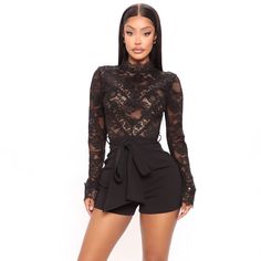 Black Long Sleeve Lace Romper From Fashion Nova Size Small Nwt High Waist Black Top For Fall, Elegant Black High Waist Bodysuit, Black High Waist Tops For Work, Elegant High-waist Black Bodysuit, Elegant Black High-waist Bodysuit, Black Jumpsuits And Rompers For Fall Night Out, Chic Black Bodysuit For Going Out, Black Jumpsuits For Night Out In Fall, Elegant Black Bodysuit