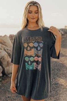 Wear, wash, repeat. Our Repeat Misfit Tee is the wardrobe staple for the effortless girl with good taste in rock music. + Vintage Black+ Available in One Size+ Machine wash Cold / Warm+ Tumble dry on low♻︎ 50% Recycled Polyester & 50% Organic Cotton ♻︎100% Made in Los Angeles, CA Grunge T-shirt For Fall Music Festival, Distressed Edgy Tops For Fall, Edgy Washed Tops For Fall, Edgy Washed T-shirt For Fall, Casual Tops For Fall Music Festival, Casual Fall Tops For Music Festival, Alternative Skull Print Relaxed Fit Top, Alternative Relaxed Fit Skull Print Top, Alternative Style Skull Print Relaxed Fit Top