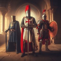 three knights standing next to each other on a stone floor