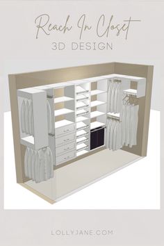 an open closet with clothes hanging on the wall and shelves below it, in front of a white background that says reach in most 3d design