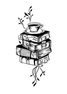 a stack of books with a cup of coffee on top