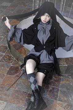 Hunting Rabbit Black Ouji Fashion Jacket with Oversized Bunny Ears Hood / Shorts / Gray Shirt Bunny Ear Hoodie, Punk Street Style, Bunny Fashion, Concept Clothing, Cape Style, Cape Jacket, Cyberpunk Fashion