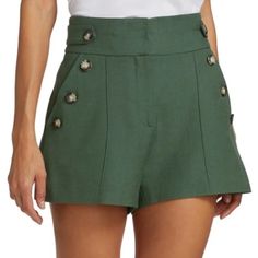 The Pine Is An Elegant Short That's Complete With Chic Detailing, Including Front Seams And Decorative Buttons. We Love Pairing This Sophisticated Style With A Long-Sleeved Top And Chic Belt For A Refined, Uptown Look. Veronica Beard Shorts Size 10 Style Pine Color Ivy (Green) Wide Waist Band Zip/Hook Closure Side Pockets Front Seams Button Detailing Back Welt Pockets Lined 98% Viscose/2% Elastane Excellent Condition *(New With Tags) Approximate (Flat) Measurements : Waist - 16" Rise - 13" Insea Elegant Green Summer Bottoms, Elegant Short Green Bottoms, Chic Green Bottoms With Short Legs, Chic Green Short Leg Bottoms, Chic Green Short-leg Bottoms, Chic Green Shorts, Preppy Capsule Wardrobe, Purple Cottagecore, Luxury Old Money