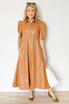 Mocha Leather Shirt Dress Midi - New Arrivals - The Blue Door Boutique Chic Solid Color A-line Shirt Dress, Elegant Fall Shirt Dress With Pockets, Chic Short Sleeve Shirt Dress With Button Closure, Fall Midi Dress With Button Closure, Chic Collared Midi Dress For Day Out, Chic Short Sleeve Shirt Dress, Trendy Midi Length Shirt Dress For Fall, Chic Solid Color Short Sleeve Shirt Dress, Chic Brown Midi Dress With Buttons