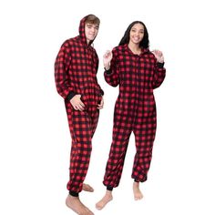 Buffalo Plaid Fleece Hoodie Onesie Pajama Jumpsuit for men and women in unisex sizes. Red and Black checkered micro polar fleece, this onepiece footless onesie jumpsuit pajama has a hood, pockets and a zipper front closure. This style and color is also available in youth sizes for awesome family matching pajama photo and video memories. Size: M.  Color: Multicolor.  Age Group: adult. Couples Onesies, Hoodie Footie, Plaid Pjs, Adult Onesie Pajamas, Onesie Pajamas, Jumpsuit Men, Plaid Pajamas, Matching Family Pajamas, Fleece Pajamas