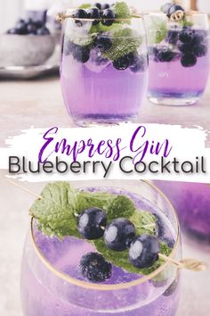 the blueberry cocktail is garnished with mint leaves and served in glass cups