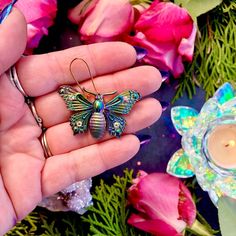 Show your love for butterflies with these gorgeous rainbow aura plated earrings 🦋Adorned with some aura crystals to give them a bit of extra flash and sparkle. They hang on brass hooks and are also great for stretched ears. The photos don’t do these babies justice! ‼️ These are medium-big, statement earrings that do have a bit of heft to them. Please be aware if you don’t care for heavy earrings! ‼️Your earrings will come nicely packaged and shipped with USPS tracking via Etsy. Love and Magick~ Iridescent Nickel-free Crystal Earrings For Gift, Iridescent Jewelry, Moth Butterfly, Butterfly Love, Witch Earrings, Brass Hooks, Heavy Earrings, Lapis Lazuli Jewelry, Rainbow Aura