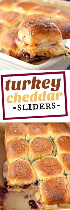 turkey cheddar sliders with cranberry sauce on top and in the middle