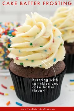 two cupcakes with white frosting and sprinkles on the top