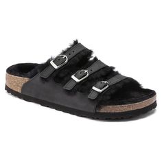 The Florida Fresh - strappy style meets signature comfort. This BIRKENSTOCK slide features three slender adjustable straps and a contoured cork/latex footbed that forms to the shape of your foot. This version is lined with especially cozy shearling. With D-buckles and a color-coordinated footbed to round off the overall look. The upper is made from extra thick oiled nubuck leather. Anatomically shaped cork-latex footbed Upper: oiled nubuck leather Footbed lining: shearling Sole: EVA Details: thr Fall Wedges, Birkenstock Styles, Black Birkenstock, Round Off, Birkenstock Black, Boys Sandals, Suede Fashion, Calf Muscles, Birkenstock Florida