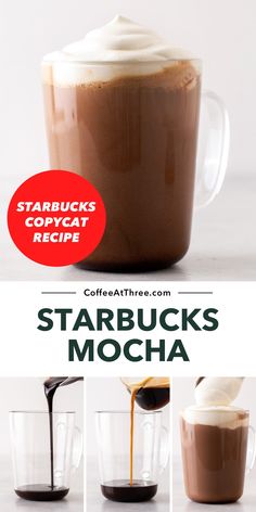 starbucks's starbuck's mocha is being poured into a glass cup