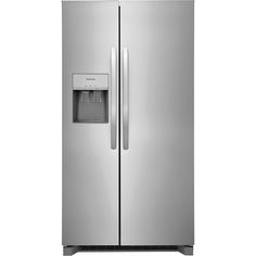 a stainless steel refrigerator freezer with water dispenser on the front and side