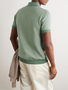 DESIGNED BY MR PORTER. Mr P.'s collections are both rooted in tradition and made with longevity in mind. Our update on the classic polo, this style is honeycomb-knitted from certified cotton, green and white threads highlight the intricacy of the stitch. The open collar enhances its relaxed feel. Lower Impact Materials. This product is made using at least 50% lower-impact materials or ingredients. Find out more about our Consciously Crafted criteria here. Green Cotton Golf T-shirt, Casual Golf Polo T-shirt, Moisture-wicking Functional Sports Polo Shirt, Green Polo Collar T-shirt For Golf, Button Down Polo, Mr P, Moisture-wicking Polo Collar Golf T-shirt, Notes Design, Cotton Polo Shirt