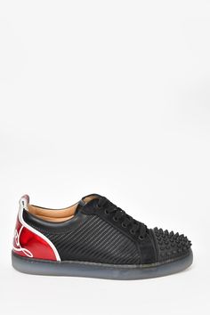 Christian Louboutin Black 'Louis Junior Spike' Sneakers. Front lace up closure. Almond toe. Tonal stitching Original Retail Price: $1250Size: 7Colour: BlackCondition: This item is in good pre-loved condition with minor signs of wear on bottoms and inner soles. Minor scuffs on exterior sides. Lace Front, Christian Louboutin, Men's Shoes, Almond, Stitching, Lace Up, Exterior, Signs, The Originals