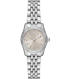 From Michael Kors&#x2C; this women's watch features: Stainless steel bracelet and caseOyster sunray dial 2 pusher fold-over clasp closureThree-hand movementBand width approx. 14mmCase size approx. 26mmCase thickness approx. 8mm Inner Circumference: 175 /- 5mmWater Resistance: 5 ATMImported. Accessories Watches Women, Michael Kors Watch Silver, Michael Kors Lexington, Eternity Ring Diamond, Women's Watch, Ladies Watch, Steel Watch, Stainless Steel Watch, Watches Jewelry