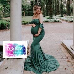 Green Maternity Dress Off The Shoulder Wrap Mermaid Maxi Green Maternity Maxi Dress, Elegant Green Maternity Maxi Dress, Fitted Green Maxi Dress For Maternity Wear, Spring Fitted Maternity Gown, Fitted Maternity Gown For Spring, Elegant Fitted Green Maternity Dress, Spring Green Maternity Dress, Green Fitted Maternity Dress, Green Baby Shower Dress