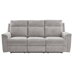 the reclining sofa is shown in grey fabric