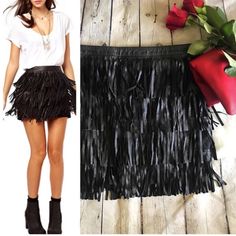 Zara Black Pig Leather 4 Layer Fringe Skirt Size L 1” Waistline Zip In The Rear Straight Cut Above Knee Length Fully Lined Waist - 30” Nwt Have The Same One Available In Brown In A Different Listing. Casual Fringe Mini Skirt For Party, Zara Black Mini Skirt For Party, Black Fringe Mini Skirt For Spring, Chic Black Fringe Mini Skirt, Black Fringe Skirt For Spring, Black Fringe Mini Skirt, Black Fringe Skirt, Leather Fringe Skirt, Black Pig