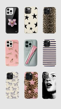 six phone cases with different patterns and designs on the front, one has a pink hair clip