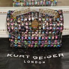 This Bag Is Brand New Dimensions: 7 1/2"W X 5"H X 2"D The Material Is Polyester Comes With A Kurt Geiger Dust Bag Studded Bag, Transparent Bag, Pink Rainbow, Stone Studs, Sequin Mini, Mini Shoulder Bag, Kurt Geiger, Black Bag, Quilted Leather