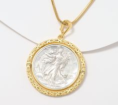 A collector or just a lover of freedom and peace? This Walking Liberty half dollar coin nestles inside a beautiful Byzantine border making the perfect gift, keepsake, or conversation-starter. From the Italian Jewelry Collection x David Markstein. Greek Coin Pendant, Freedom And Peace, Vince Camuto Handbags, Half Dollar Coin, Italian Jewelry, Dollar Coin, American Leather, Coin Jewelry, Half Dollar