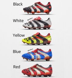 four different types of soccer shoes with the names below them in black, white, yellow, blue, red and green