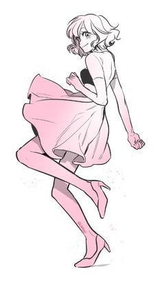 a drawing of a woman in pink dress and heels with her legs spread out,