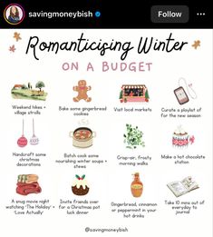 a bunch of different things that are on a cell phone with the text romanticizing winter on a budget