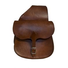 a brown leather bag with a metal buckle on the front and side pocket, sitting on a white background