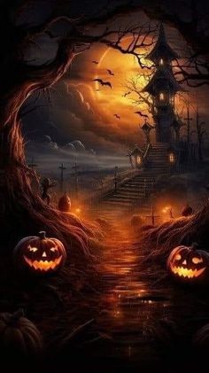 an image of halloween scene with pumpkins