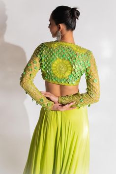 Parrot green padded blouse with crystal and sequin embellishments. Comes with solid palazzo.
Components: 2
Pattern: Embellished
Type Of Work: Sequin, Crystals
Neckline: Keyhole
Sleeve Type: Full
Fabric: Crepe
Color: Green
Other Details: 
Attached lining
Weight: 1 kgs
Closure: Blouse: Front hook
Occasion: Mehendi and Haldi,Sangeet - Aza Fashions Glamorous Green Choli With Mirror Work, Fitted Hand Embellished Tops For Festive Occasions, Hand Embellished Fitted Top For Party, Glamorous Green Embellished Choli, Festive Fitted Hand Embellished Tops, Glamorous Green Tops For Evening, Glamorous Green Top For Evening, Glamorous Green Evening Tops, Green Mirror Work Blouse Piece For Party