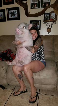 a woman sitting on a couch holding a pig