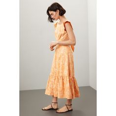 Orange with a print cotton dress (97% Cotton, 3% Spandex). Casual style. Cap sleeves. Crew neck. Pull-on closure. 49.5" from shoulder to hemline. Imported. Fitted Cotton Midi Dress With Flutter Sleeves, Casual Cotton Midi Dress With Flutter Sleeves, Cotton Midi Dress With Flutter Sleeves For Brunch, Elegant Printed Cotton Midi Dress, Chic Printed Cotton Midi Dress, Chic Cotton Dresses With Printed Details, Chic Printed Cotton Dresses, Chic Cotton Printed Dresses, Marissa Webb