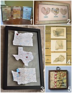 four pictures with different maps and frames on them, all showing the location of each state